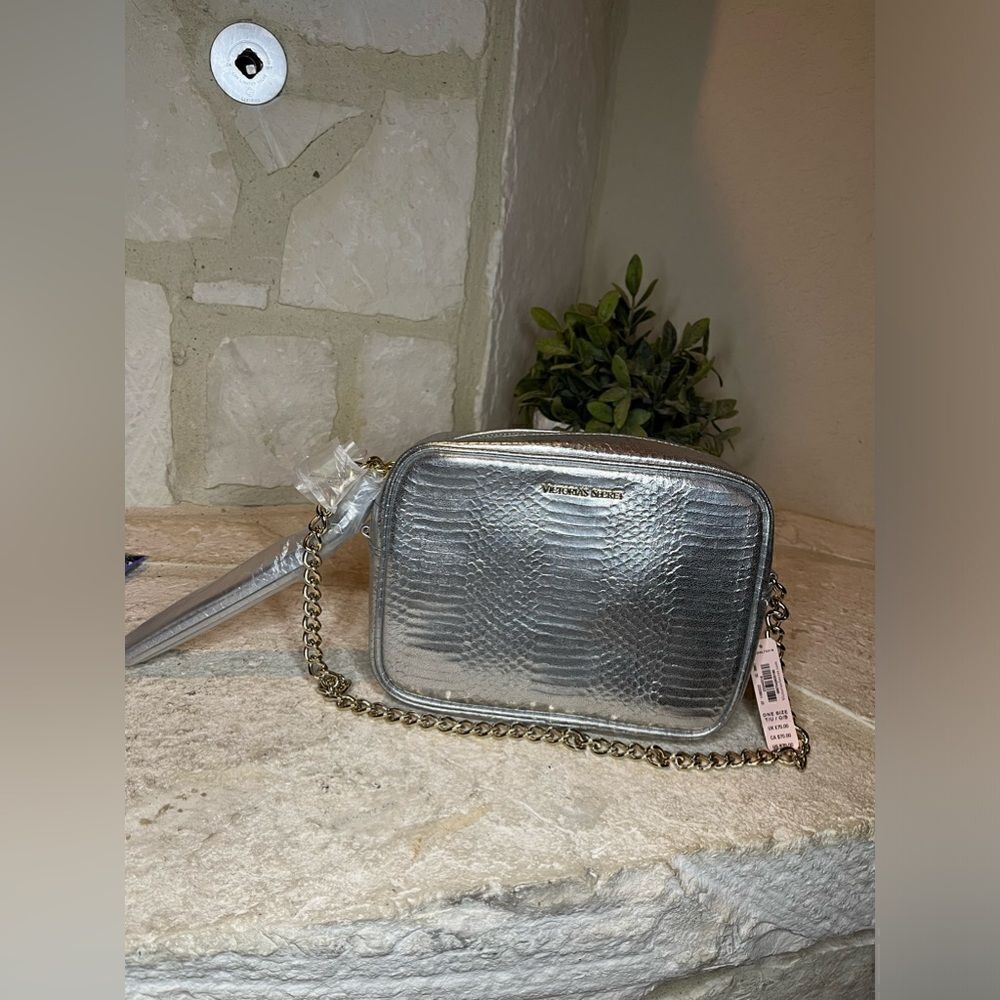 Victoria’s Secret silver croc embossed tassled gold chain crossbody purse